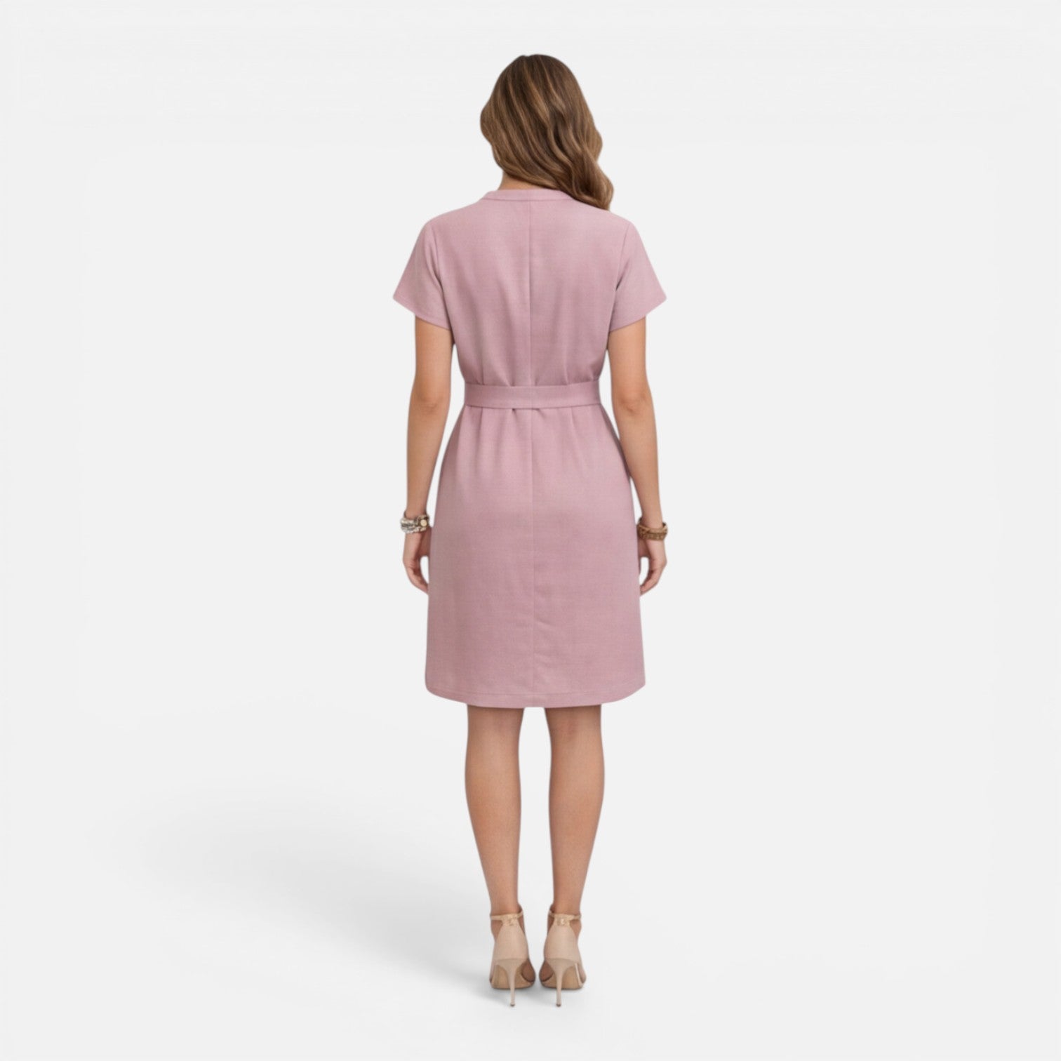 Women's Lightweight Belted V-Neck Midi Dress with Short Sleeves