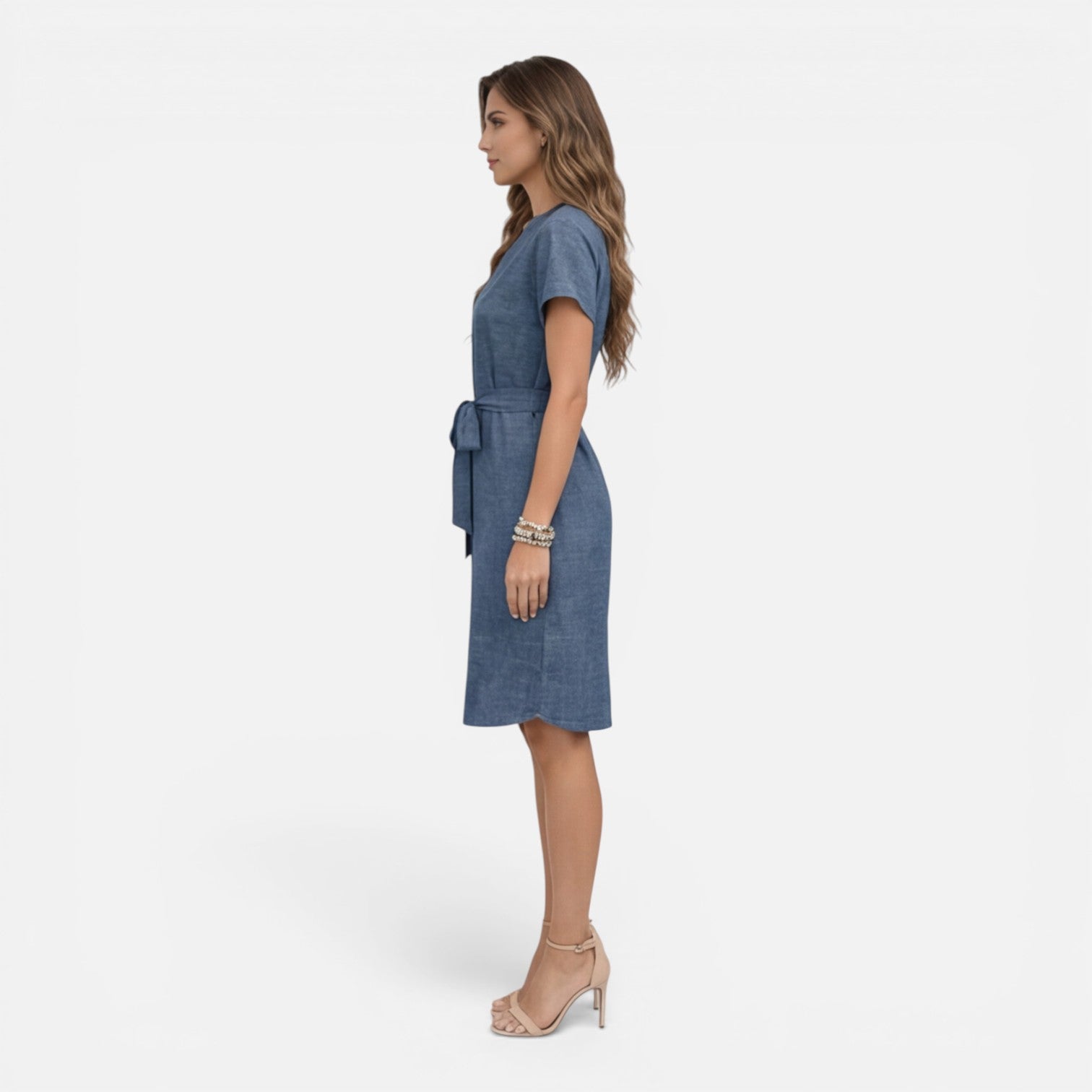 Women's Lightweight Belted V-Neck Midi Dress with Short Sleeves