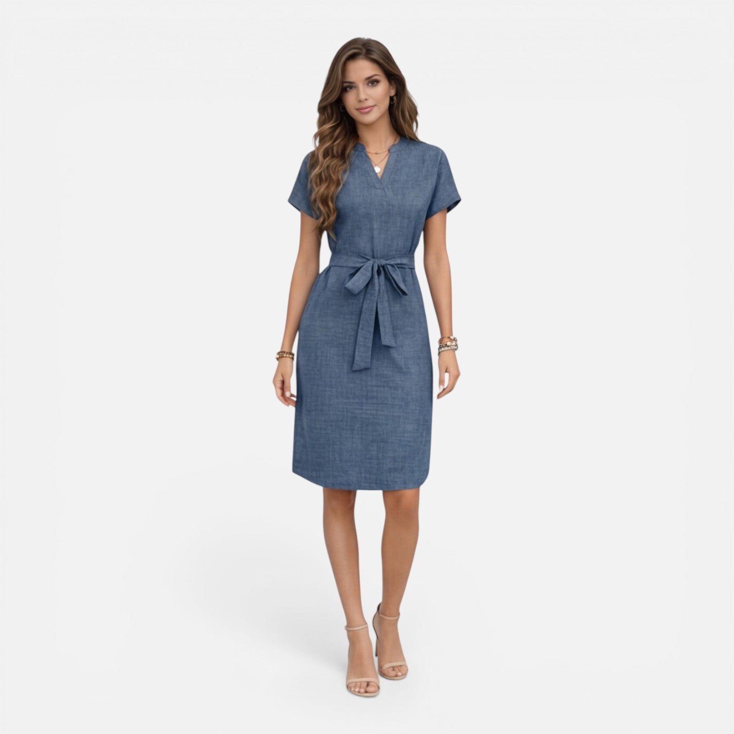 Women's Lightweight Belted V-Neck Midi Dress with Short Sleeves