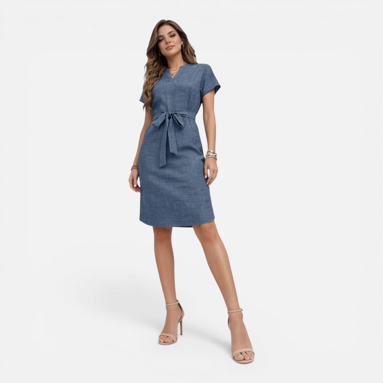 Women's Lightweight Belted V-Neck Midi Dress with Short Sleeves