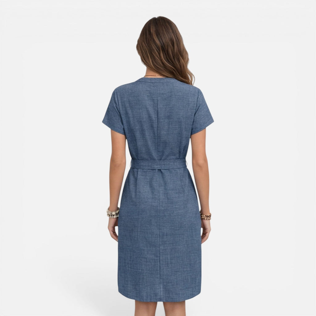 Women's Lightweight Belted V-Neck Midi Dress with Short Sleeves