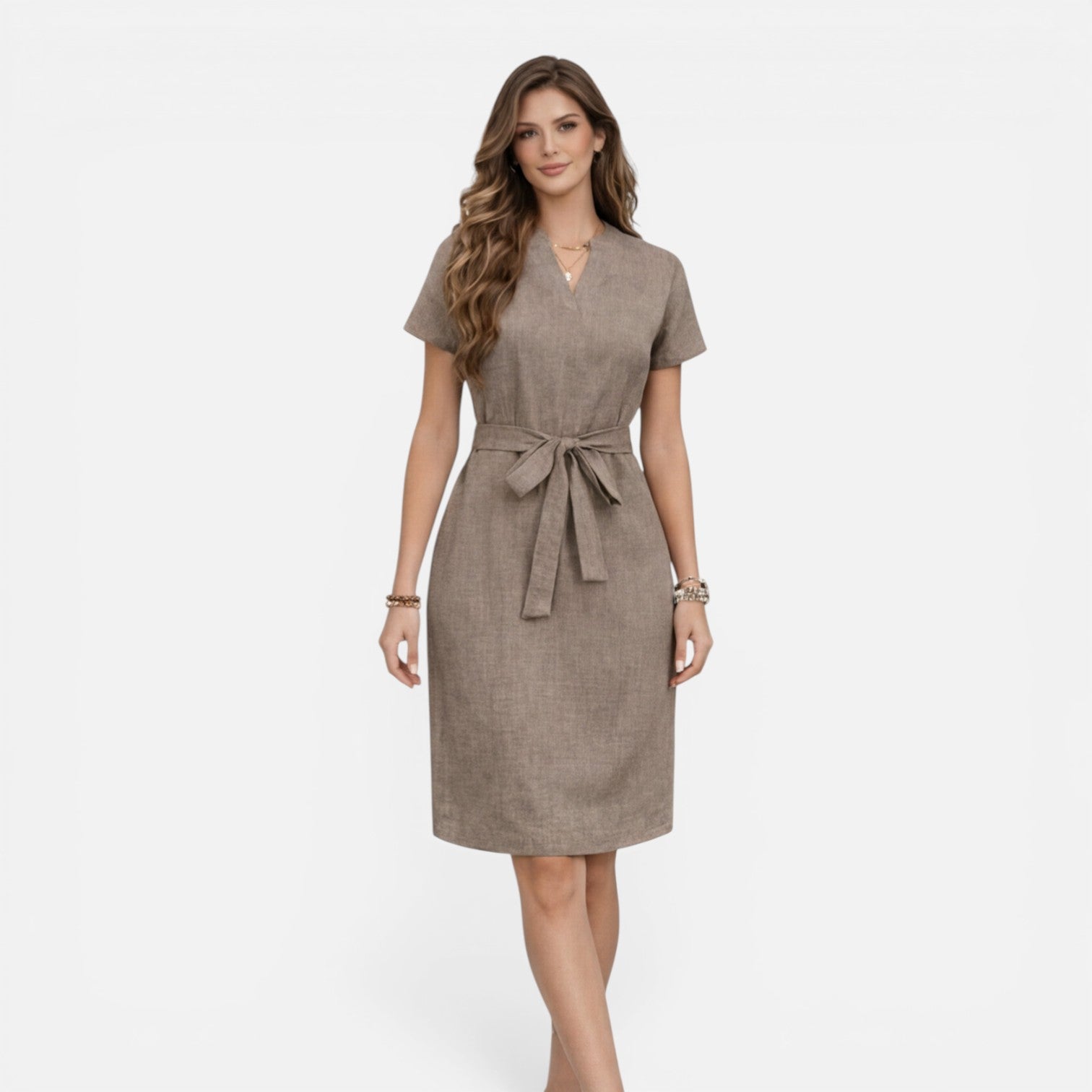 Women's Lightweight Belted V-Neck Midi Dress with Short Sleeves