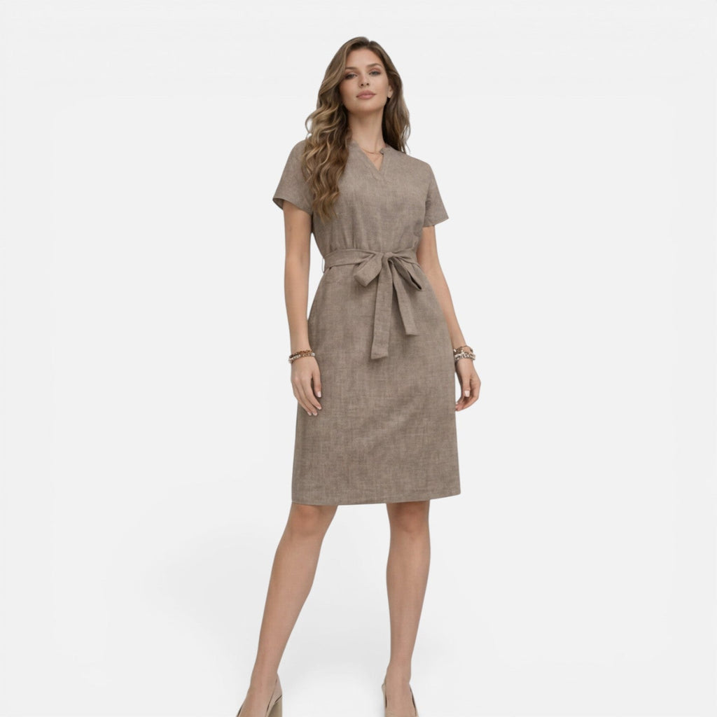 Women's Lightweight Belted V-Neck Midi Dress with Short Sleeves