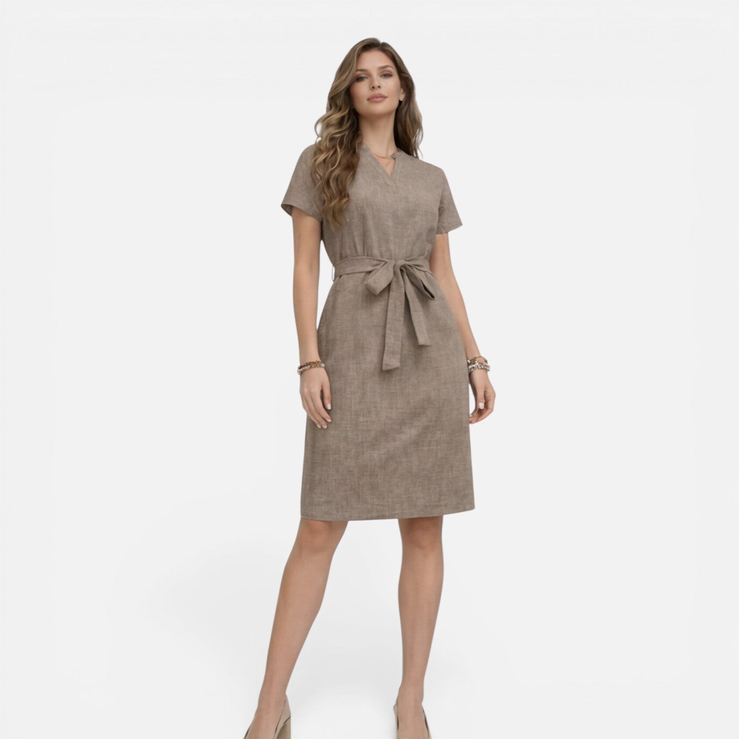 Women's Lightweight Belted V-Neck Midi Dress with Short Sleeves