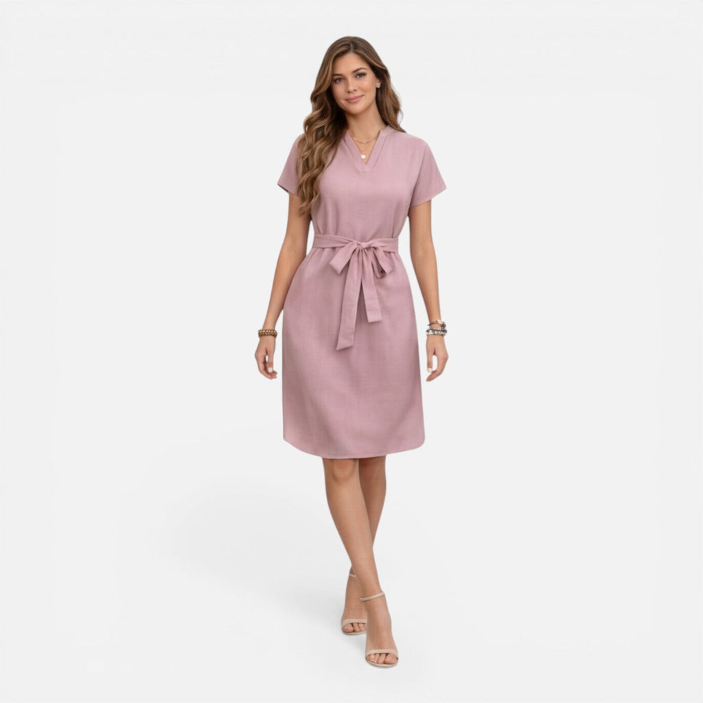 Women's Lightweight Belted V-Neck Midi Dress with Short Sleeves