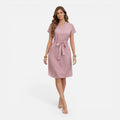 Women's Lightweight Belted V-Neck Midi Dress with Short Sleeves