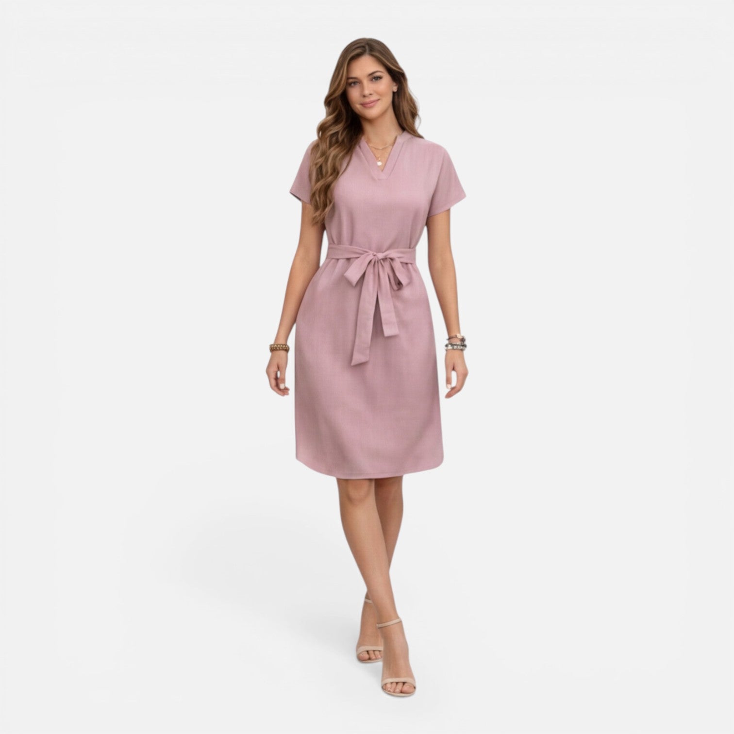 Women's Lightweight Belted V-Neck Midi Dress with Short Sleeves