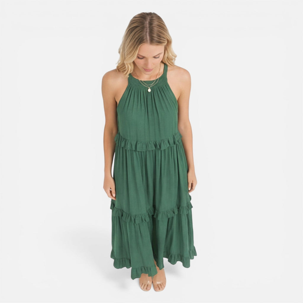Women's Lightweight Flowy Tiered Maxi Dress - Summer Halter Neck Style