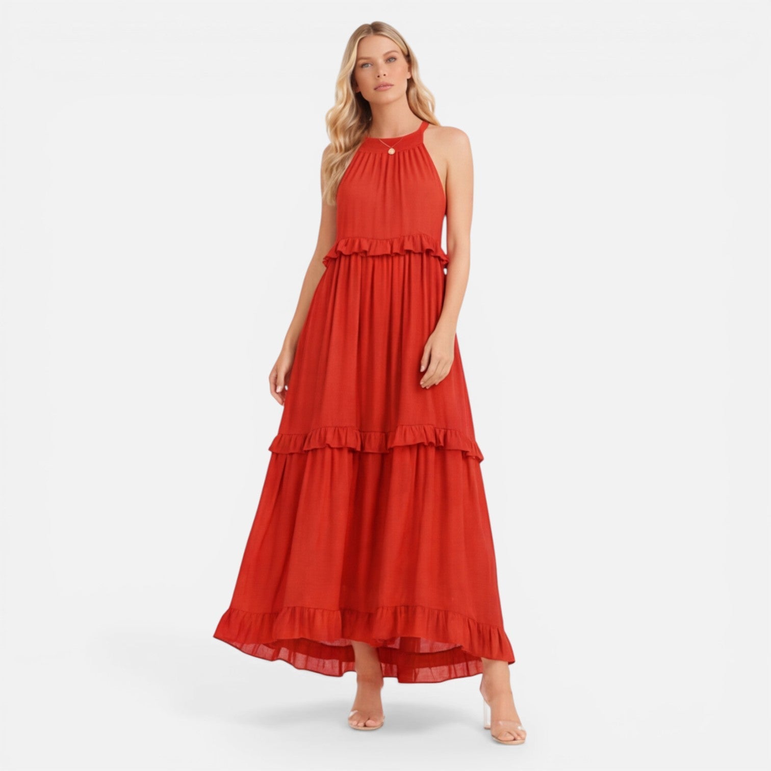 Women's Lightweight Flowy Tiered Maxi Dress - Summer Halter Neck Style