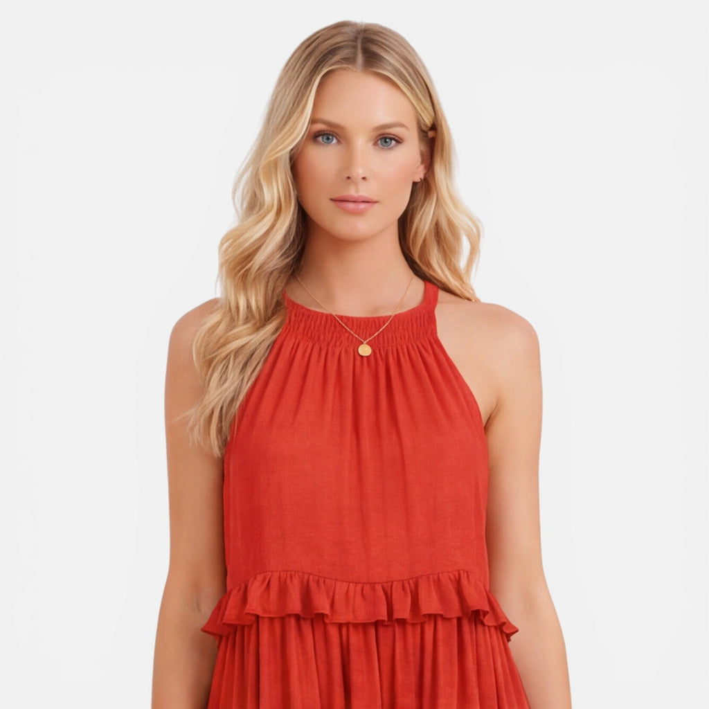 Women's Lightweight Flowy Tiered Maxi Dress - Summer Halter Neck Style