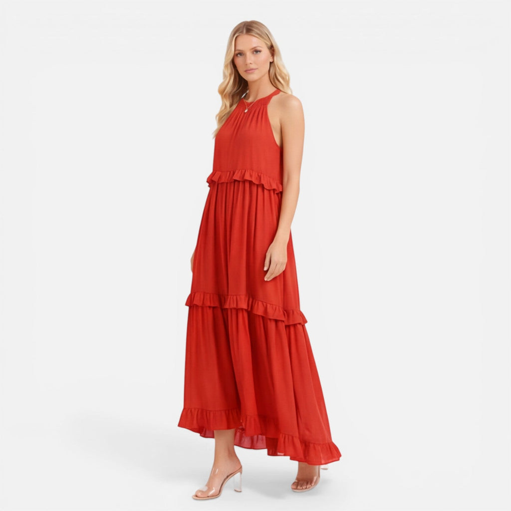 Women's Lightweight Flowy Tiered Maxi Dress - Summer Halter Neck Style