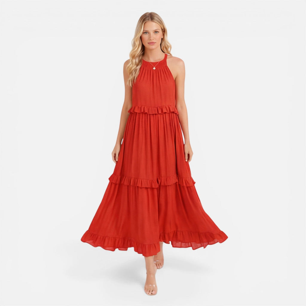 Women's Lightweight Flowy Tiered Maxi Dress - Summer Halter Neck Style