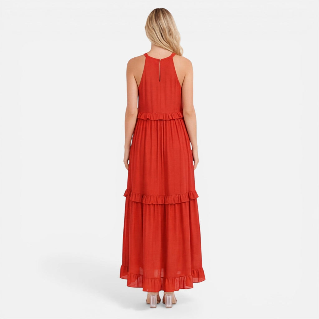 Women's Lightweight Flowy Tiered Maxi Dress - Summer Halter Neck Style