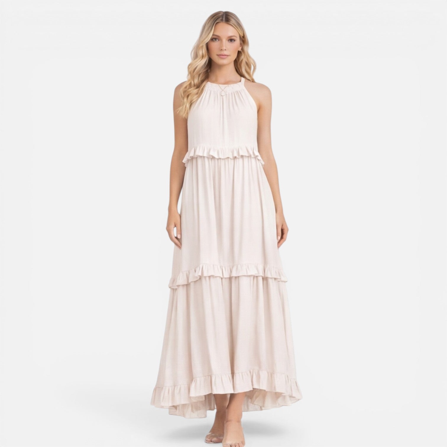 Women's Lightweight Flowy Tiered Maxi Dress - Summer Halter Neck Style
