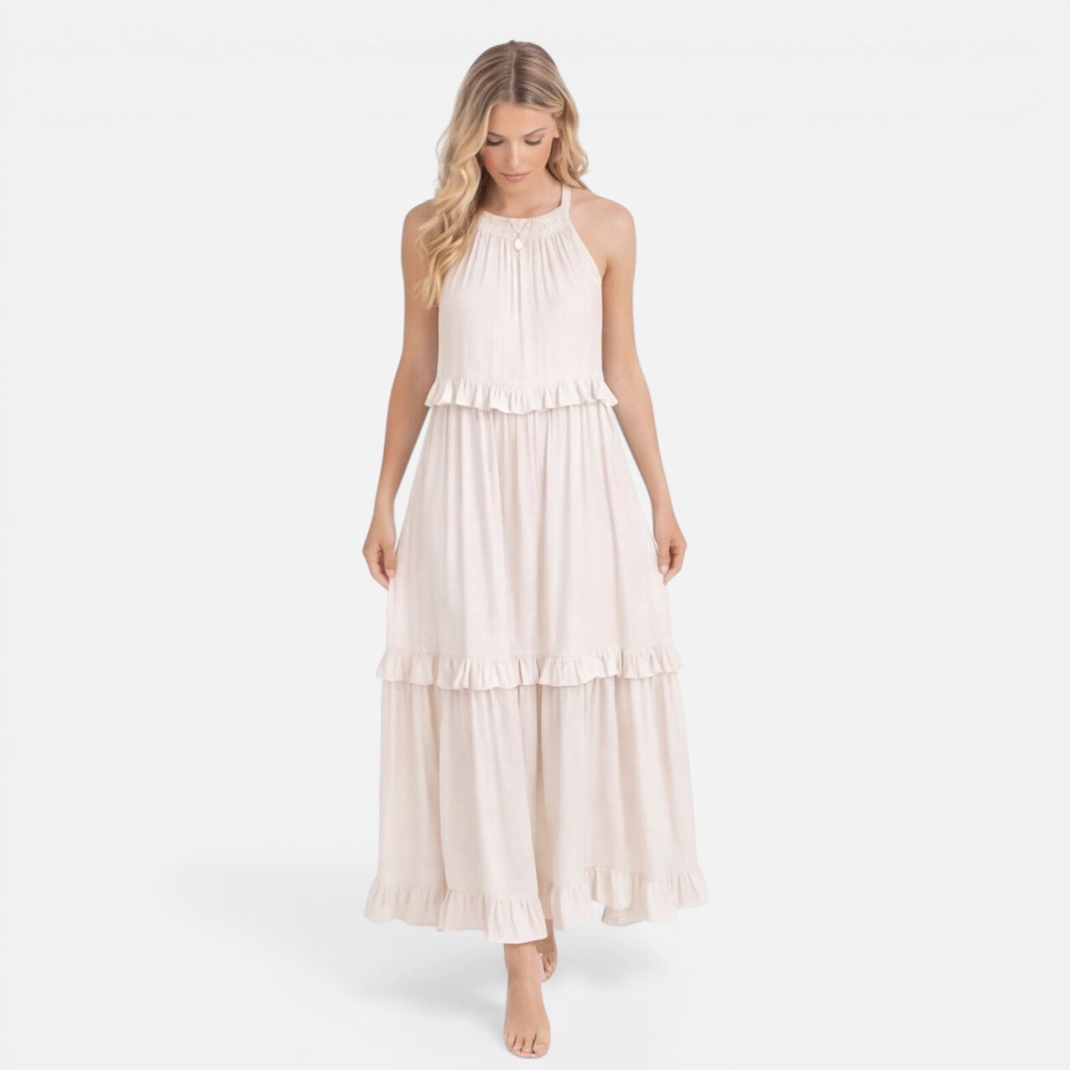 Women's Lightweight Flowy Tiered Maxi Dress - Summer Halter Neck Style