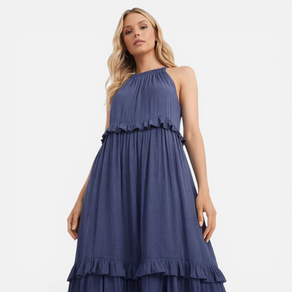 Women's Lightweight Flowy Tiered Maxi Dress - Summer Halter Neck Style