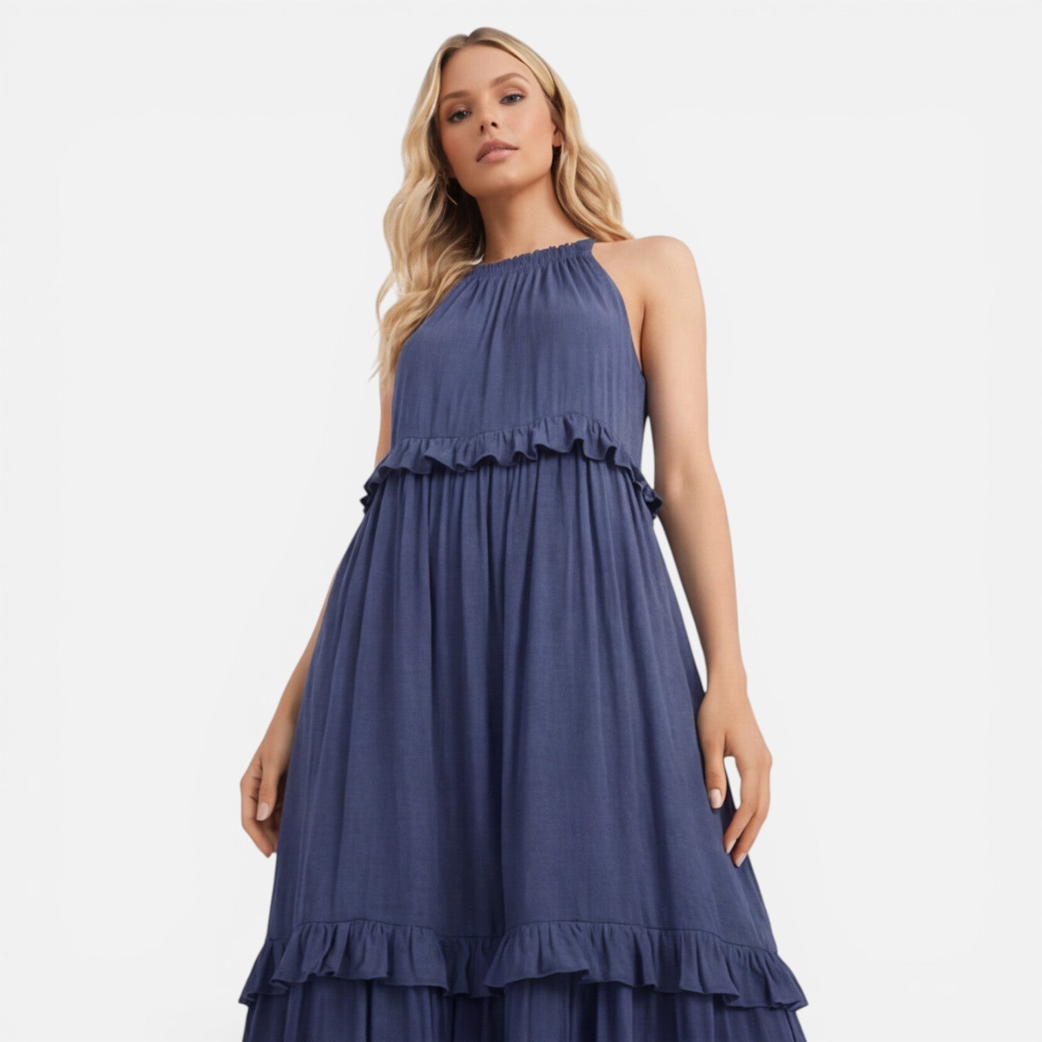 Women's Lightweight Flowy Tiered Maxi Dress - Summer Halter Neck Style