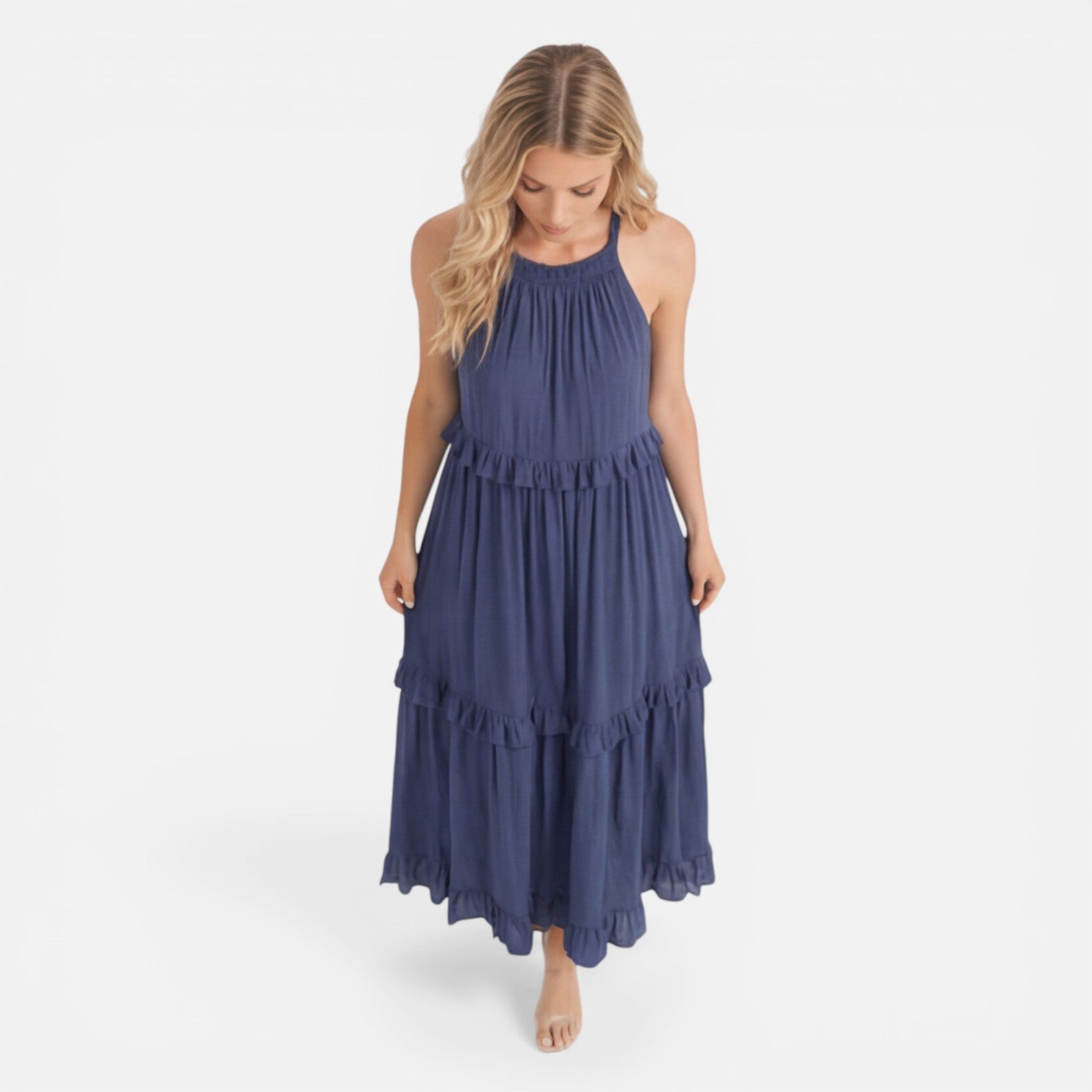 Women's Lightweight Flowy Tiered Maxi Dress - Summer Halter Neck Style