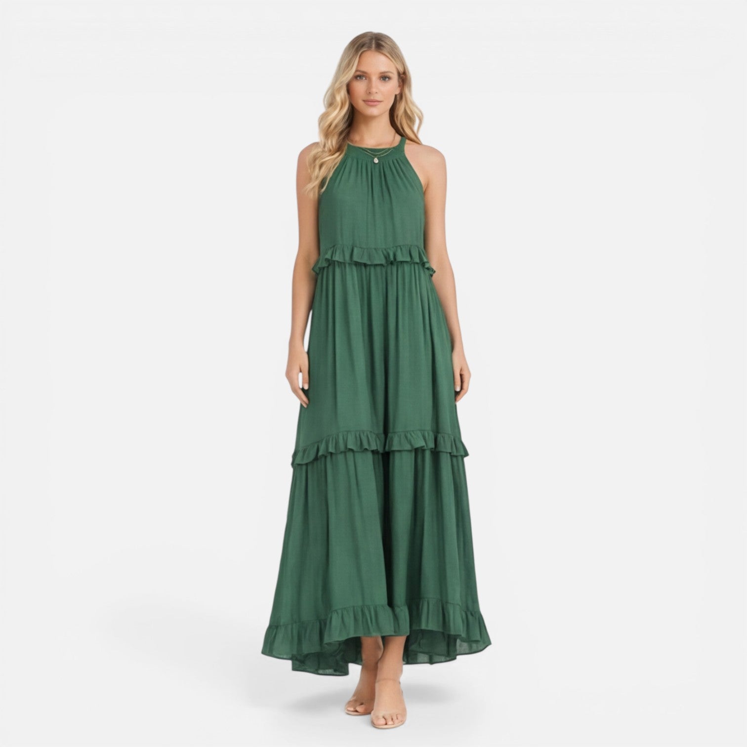 Women's Lightweight Flowy Tiered Maxi Dress - Summer Halter Neck Style