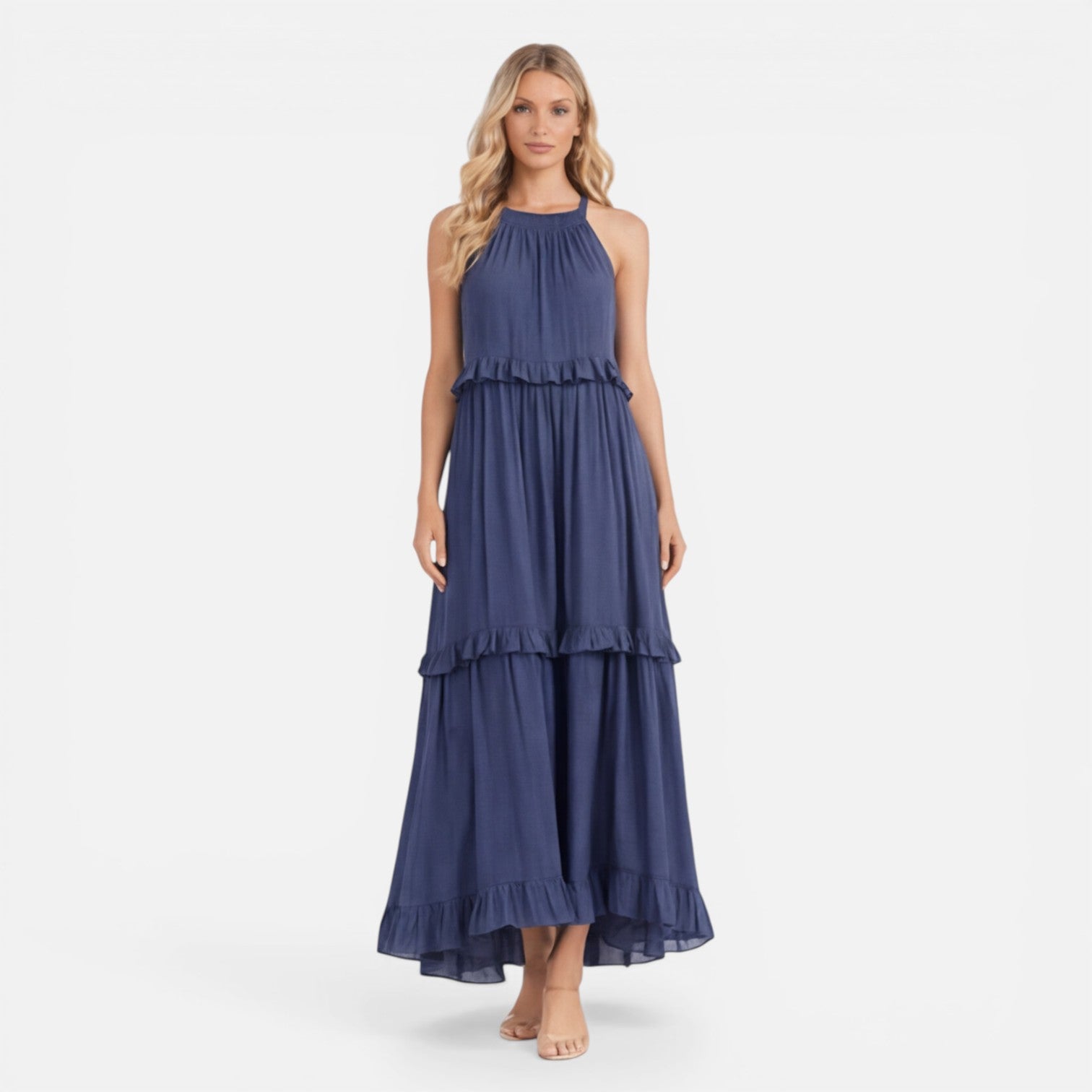Women's Lightweight Flowy Tiered Maxi Dress - Summer Halter Neck Style