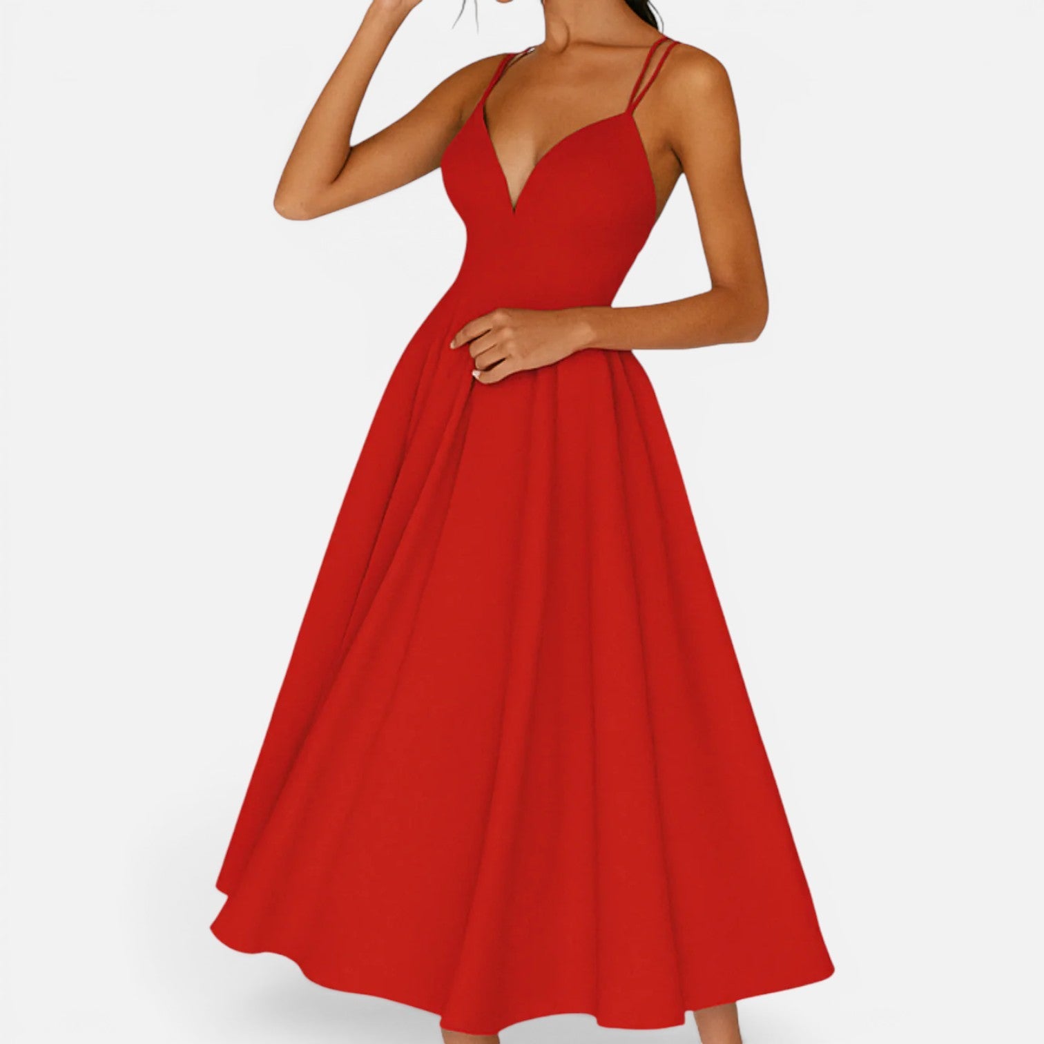Women's Midi Wedding Guest Dress with Flowing Waist Cut