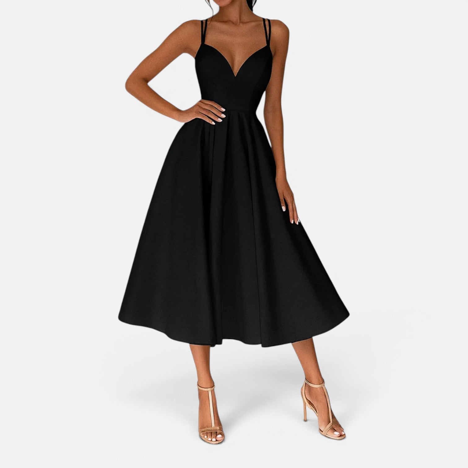 Women's Midi Wedding Guest Dress with Flowing Waist Cut
