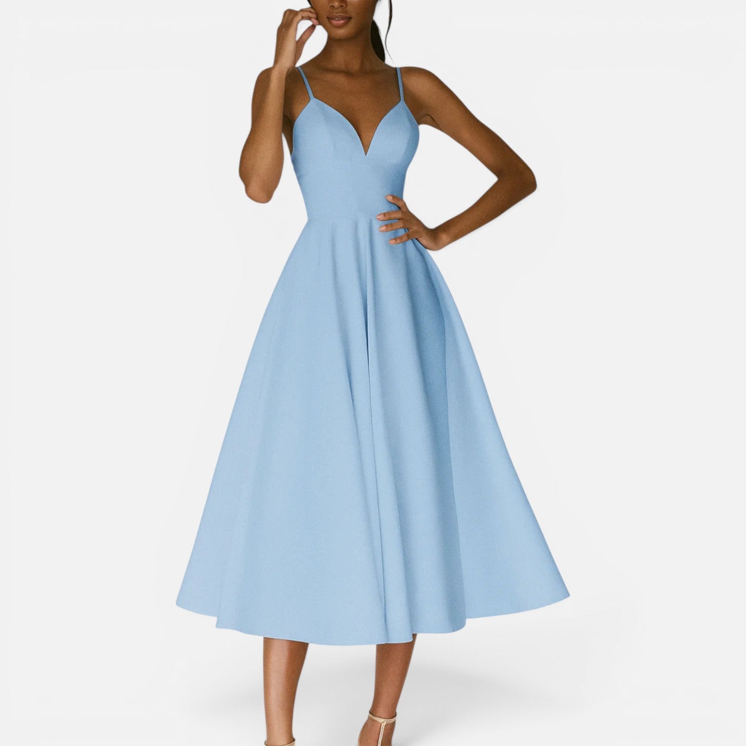 Women's Midi Wedding Guest Dress with Flowing Waist Cut
