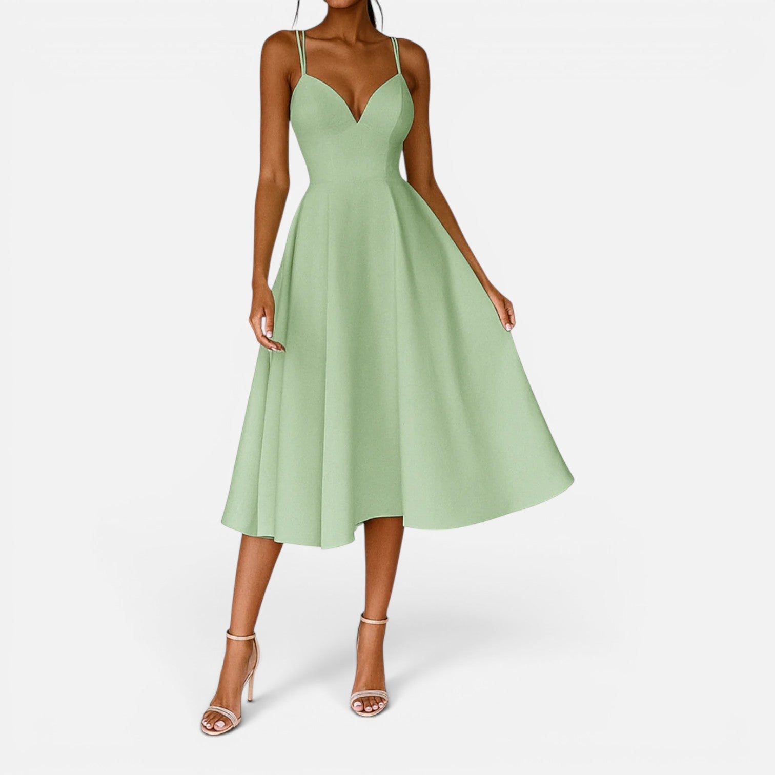 Women's Midi Wedding Guest Dress with Flowing Waist Cut