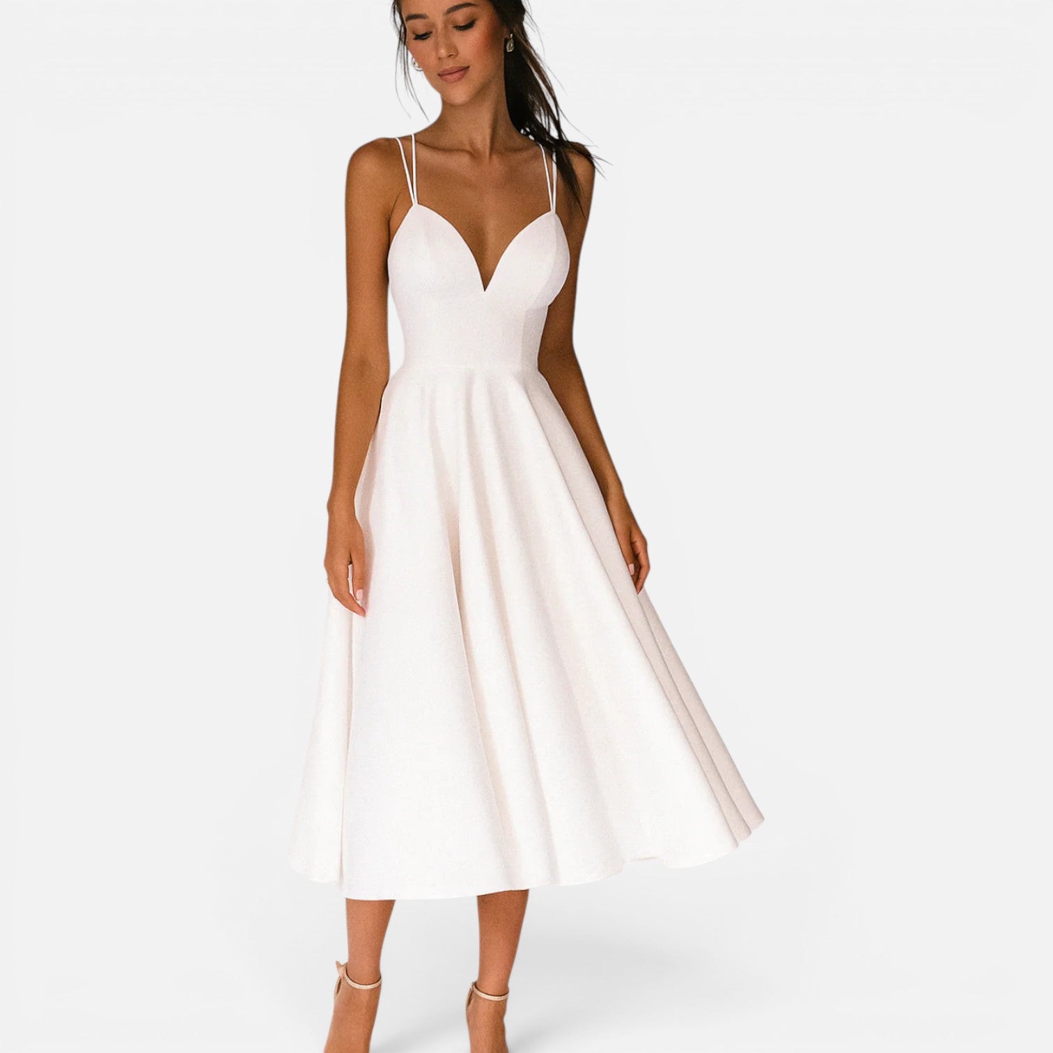 Women's Midi Wedding Guest Dress with Flowing Waist Cut