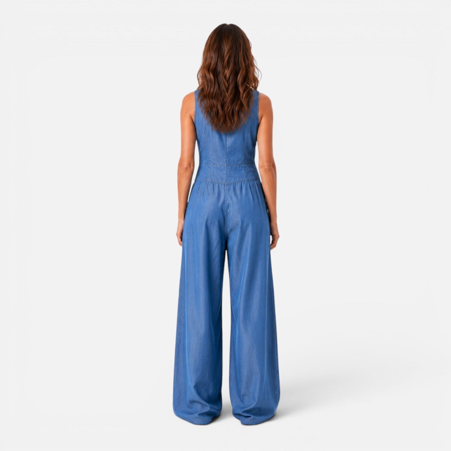 Women's Sleeveless Denim Jumpsuit with Button Front and Wide Legs