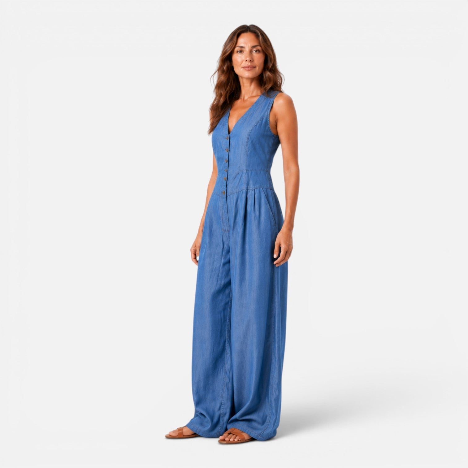 Women's Sleeveless Denim Jumpsuit with Button Front and Wide Legs