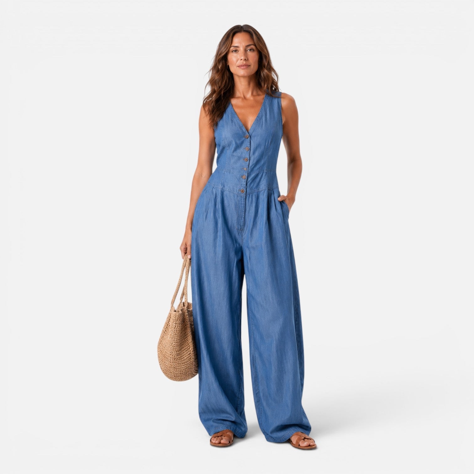 Women's Sleeveless Denim Jumpsuit with Button Front and Wide Legs