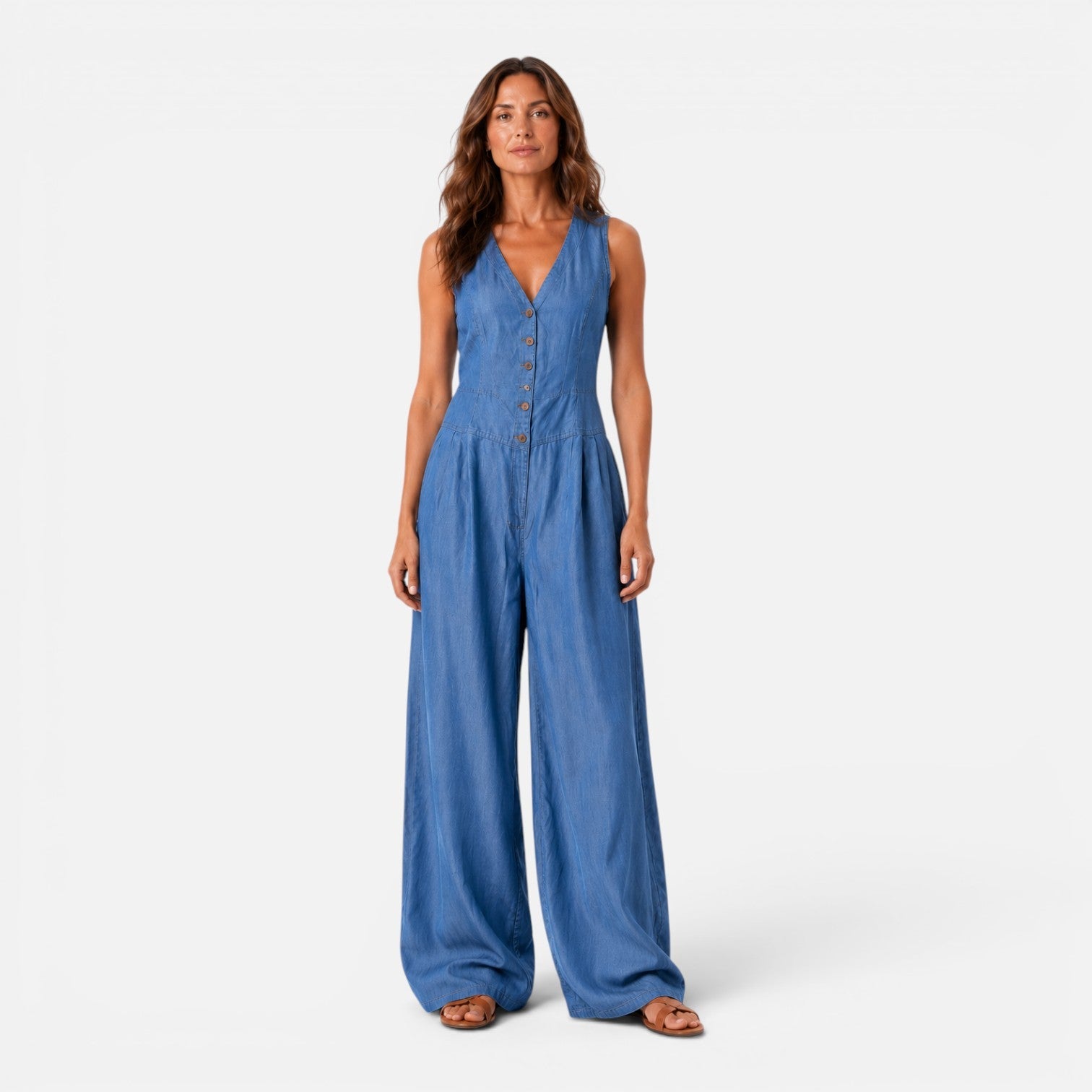 Women's Sleeveless Denim Jumpsuit with Button Front and Wide Legs