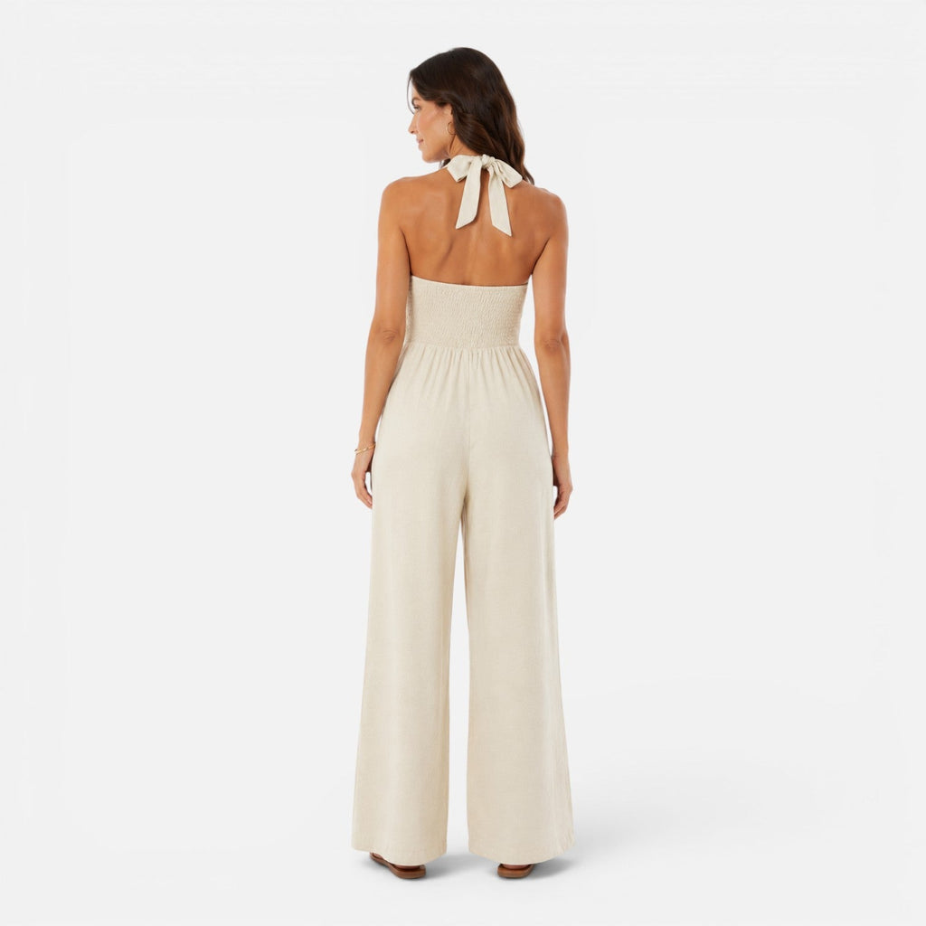 Women's Sleeveless Halter Neck Jumpsuit with Buttons | Wide Leg Design
