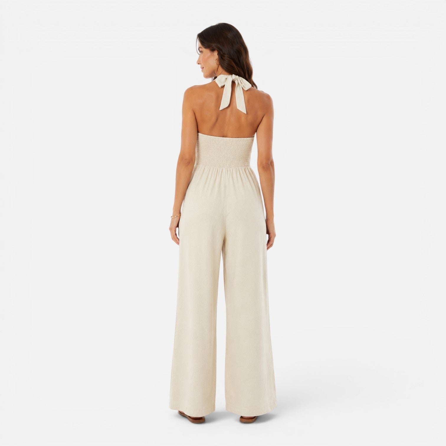 Women's Sleeveless Halter Neck Jumpsuit with Buttons | Wide Leg Design