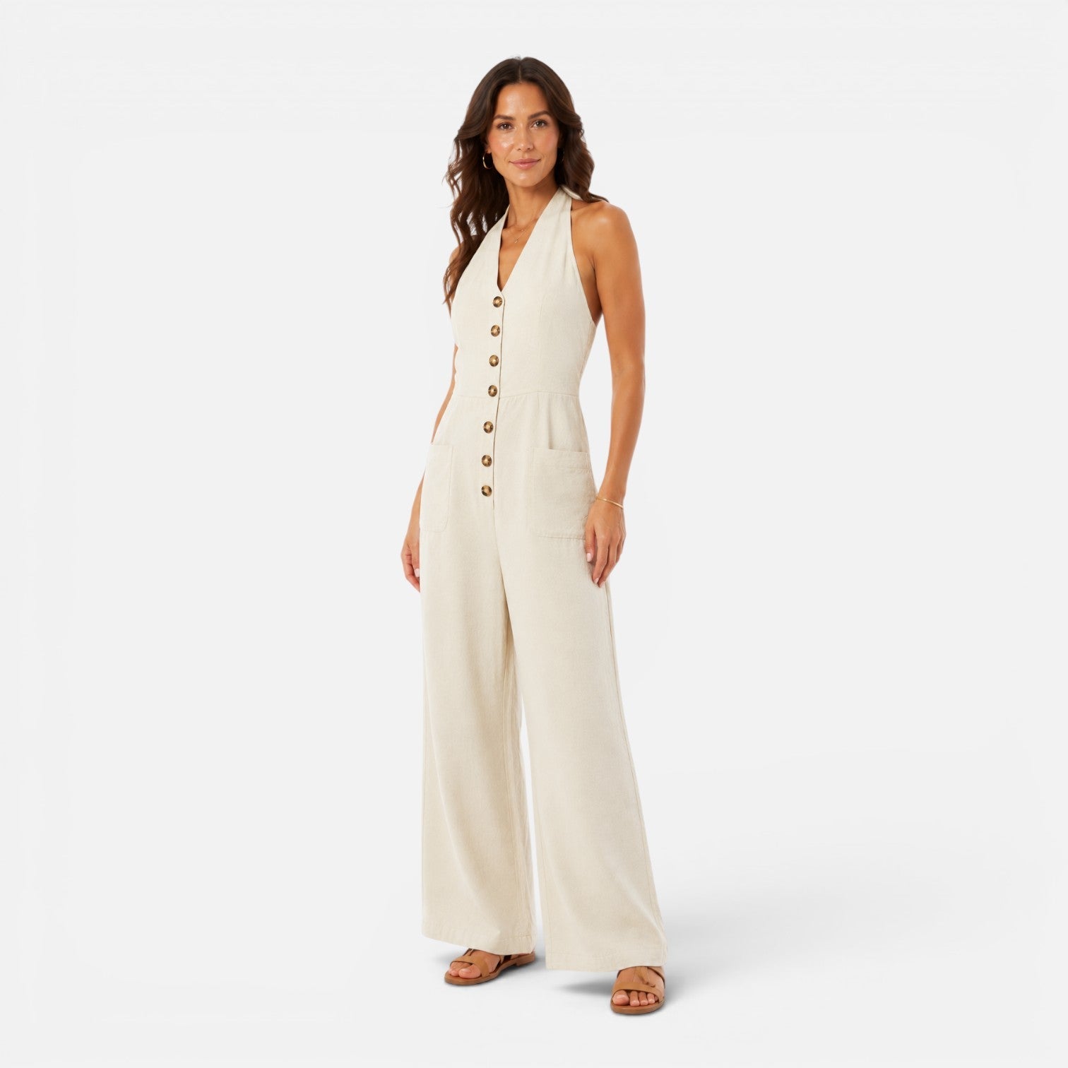 Women's Sleeveless Halter Neck Jumpsuit with Buttons | Wide Leg Design