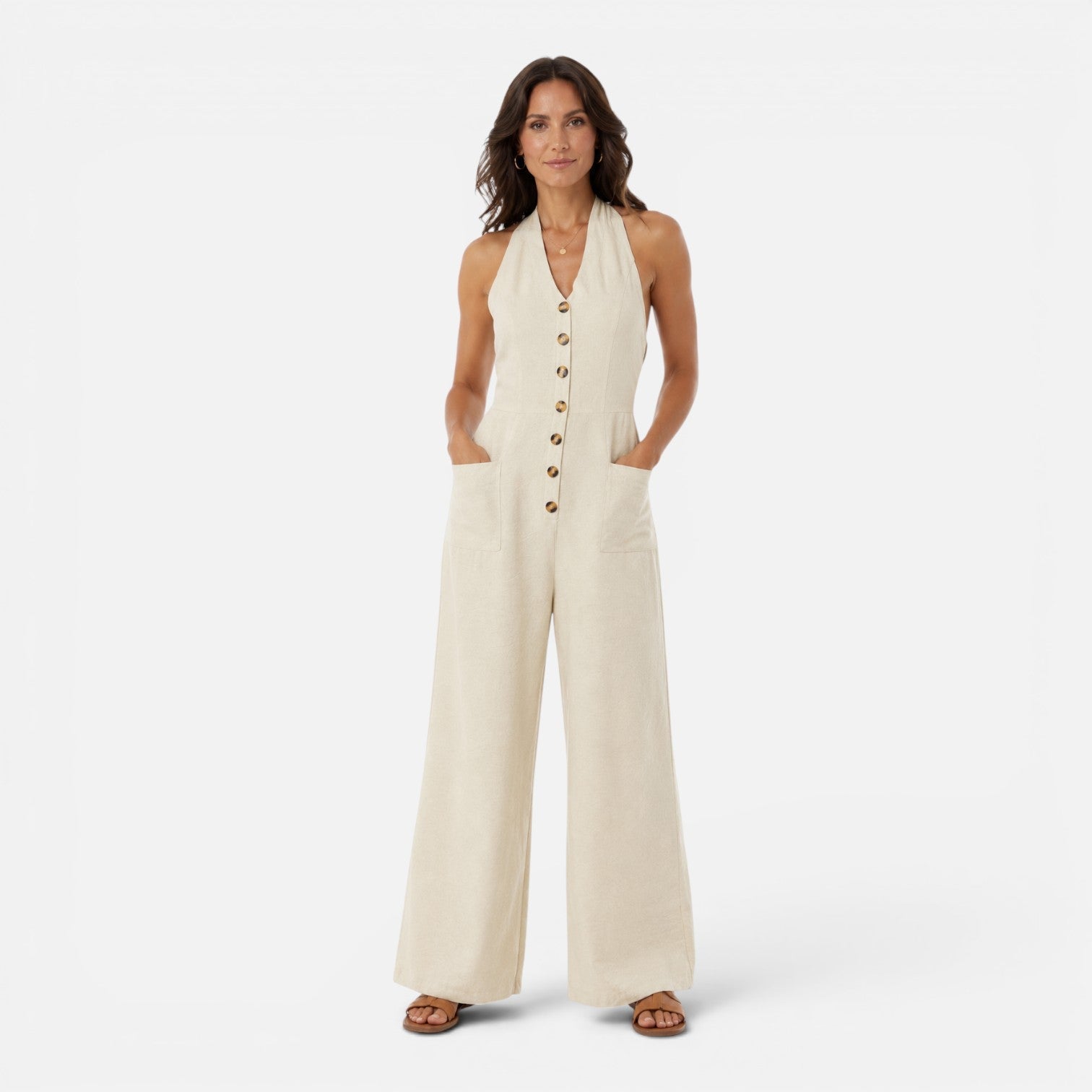 Women's Sleeveless Halter Neck Jumpsuit with Buttons | Wide Leg Design