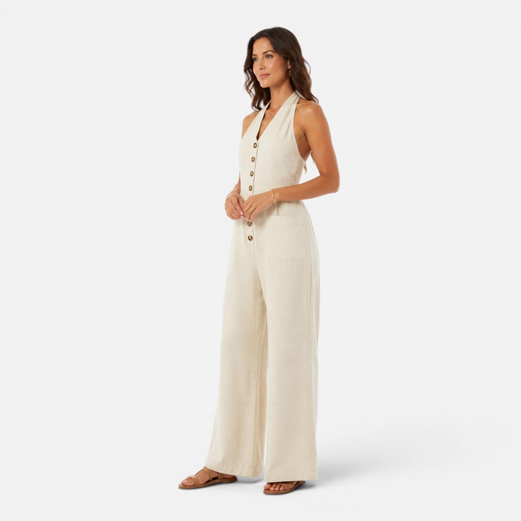 Women's Sleeveless Halter Neck Jumpsuit with Buttons | Wide Leg Design