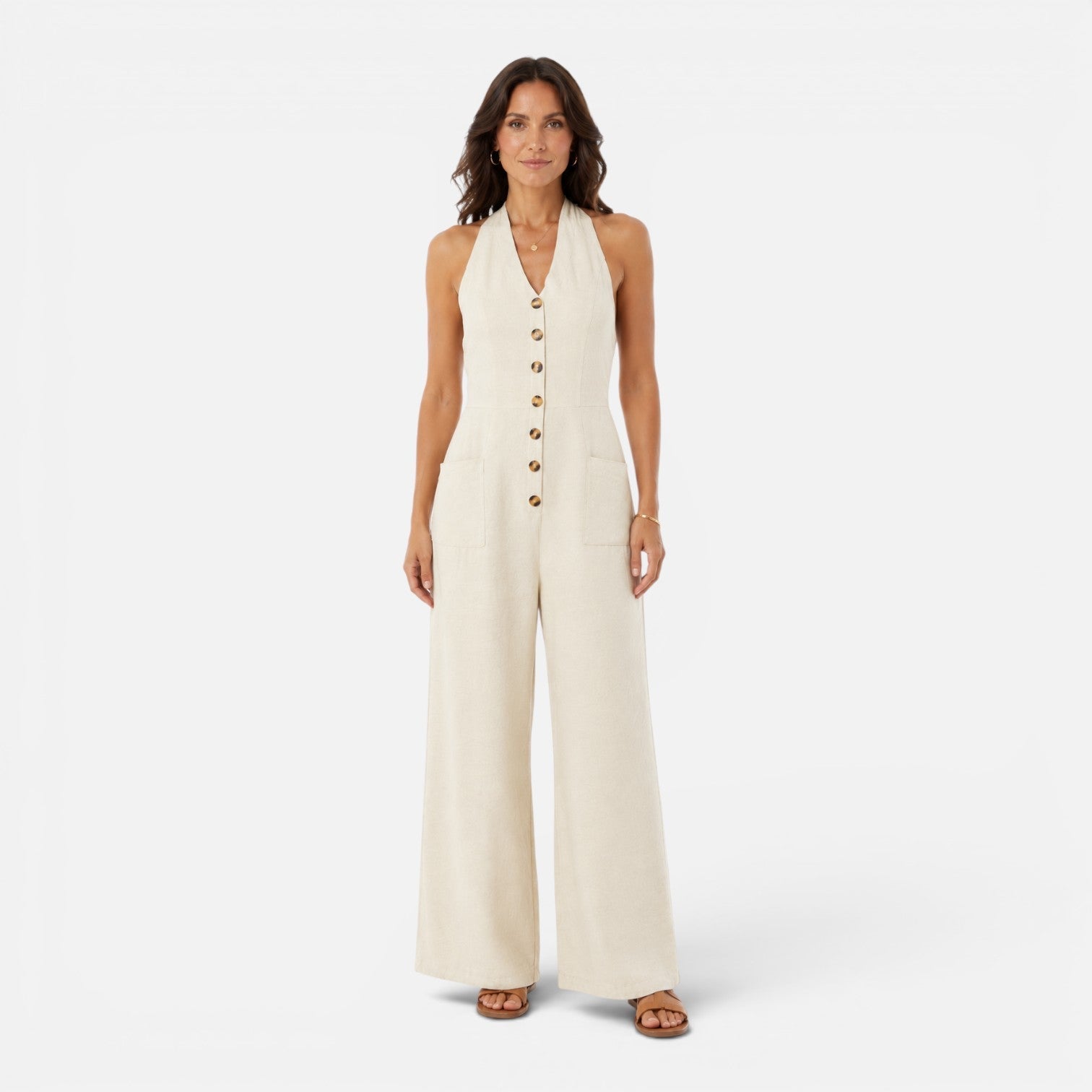 Women's Sleeveless Halter Neck Jumpsuit with Buttons | Wide Leg Design